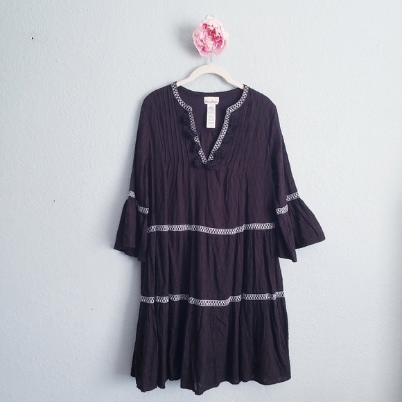 Tommy Bahama Black Embroidered Tassel V-Neck Cotton Tunic Dress - Picture 2 of 7